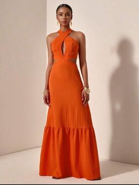 SHEIN Orange Cross-Back Pleated Maxi Dress